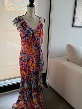 Lulus Radiant Ruby Floral Off-The-Shoulder Chiffon Asymmetrical Maxi Dress | M
